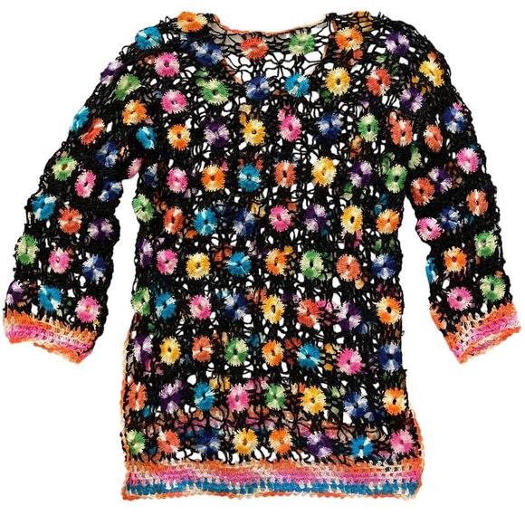 Black Crochet Multicolor Flower Tunic Swim Cover Top Small - Picture 8 of 8
